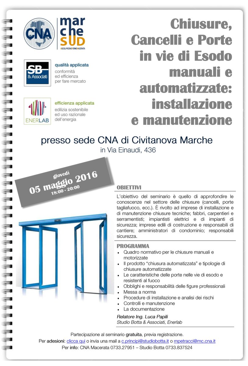 StudioBottaAss's tweet photo. 05.05.16 #cna Seminario #Chiusure #Cancelli #PorteinviediEsodo
Iscrizioni: https://t.co/HdsbrFRndj https://t.co/4sqSENKtIV