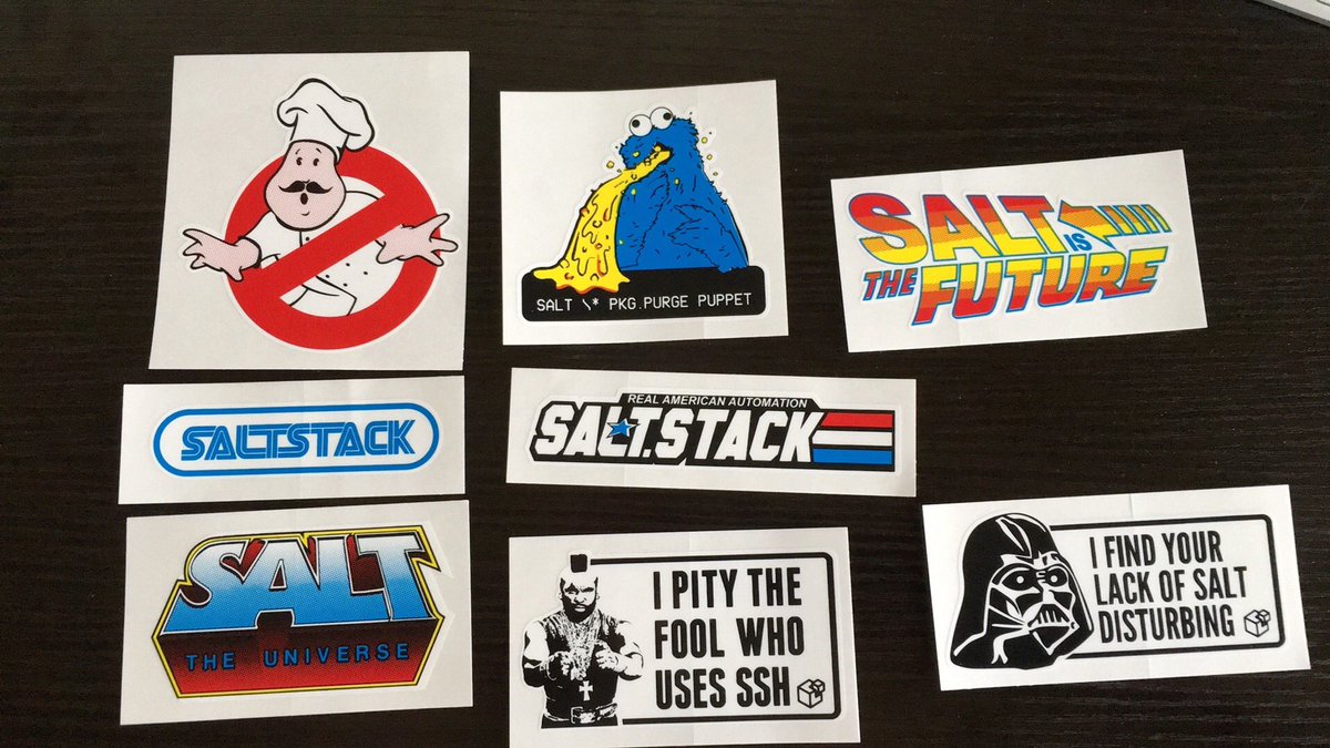 Badgerops's tweet photo. Excellent haul of stickers from #SaltConf16 https://t.co/oaarVqg8mm