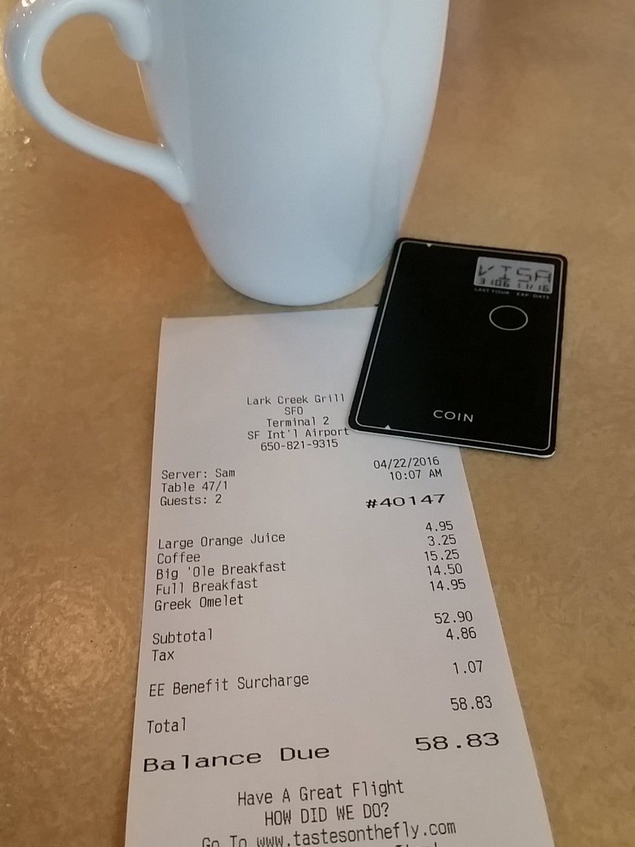 CircleH's tweet photo. Paying for lunch with @Coin. My credit, debit, & gift cards combined in one. https://t.co/cq6OpqTgGM #Coinrewards https://t.co/qqZ6Rl5Fd6