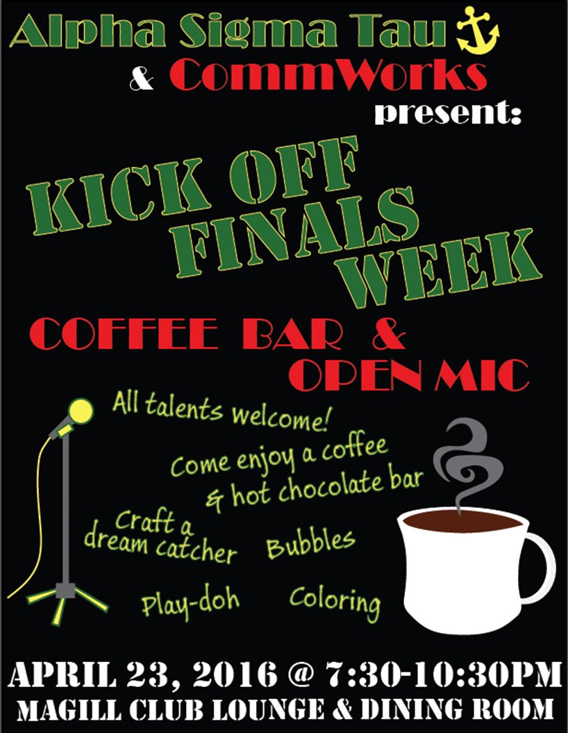 Captain_AByrd's tweet image. @ast_monmouth &amp;amp; @CommWorks_MU presents: "Kick Off Finals Week!" Come and enjoy a coffee bar and a lot of fun!!!