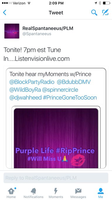 7pm est Tune In....listenvisionlive.com w/ @BlockPartyRadio @djwahheed @spinnercircle @BdubbDMV #PrinceGoneTooSoon