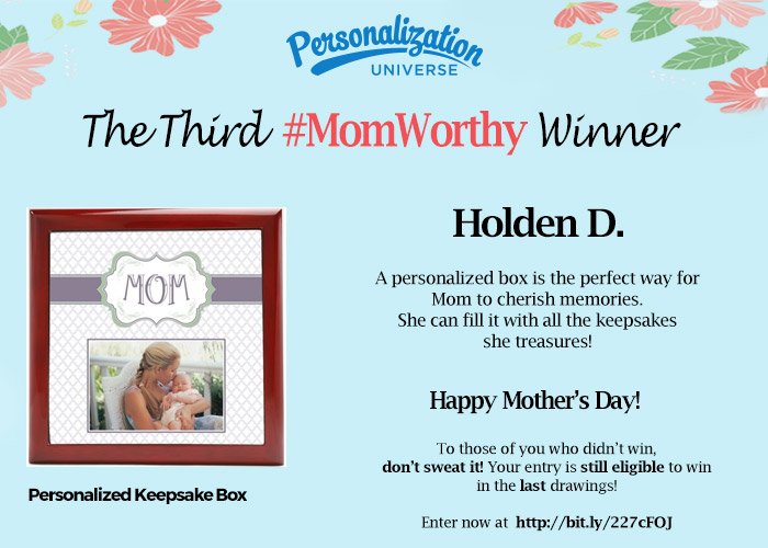 Congrats to our third #MomWorthy #Sweeps Winner! One more week left, enter at bit.ly/227cFOJ