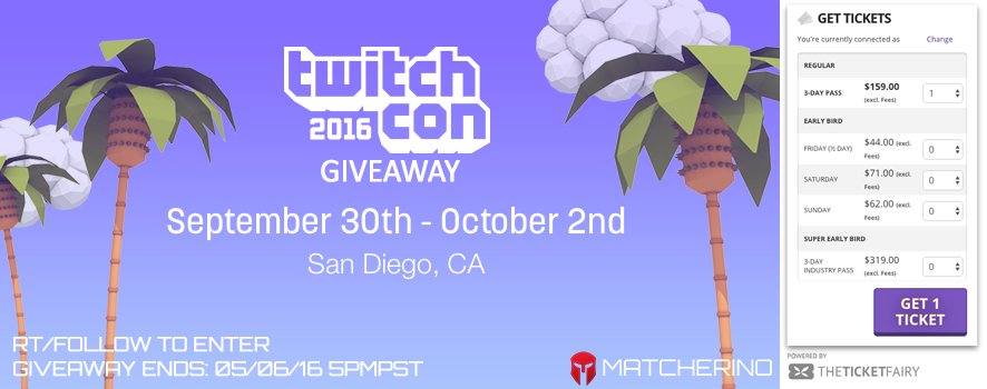 matcherino's tweet photo. We're doing our biggest #Giveaway yet -- RT and Follow to win your 3-day #TwitchCon Pass! Winner announced May 6! https://t.co/PSNCbOjlUP