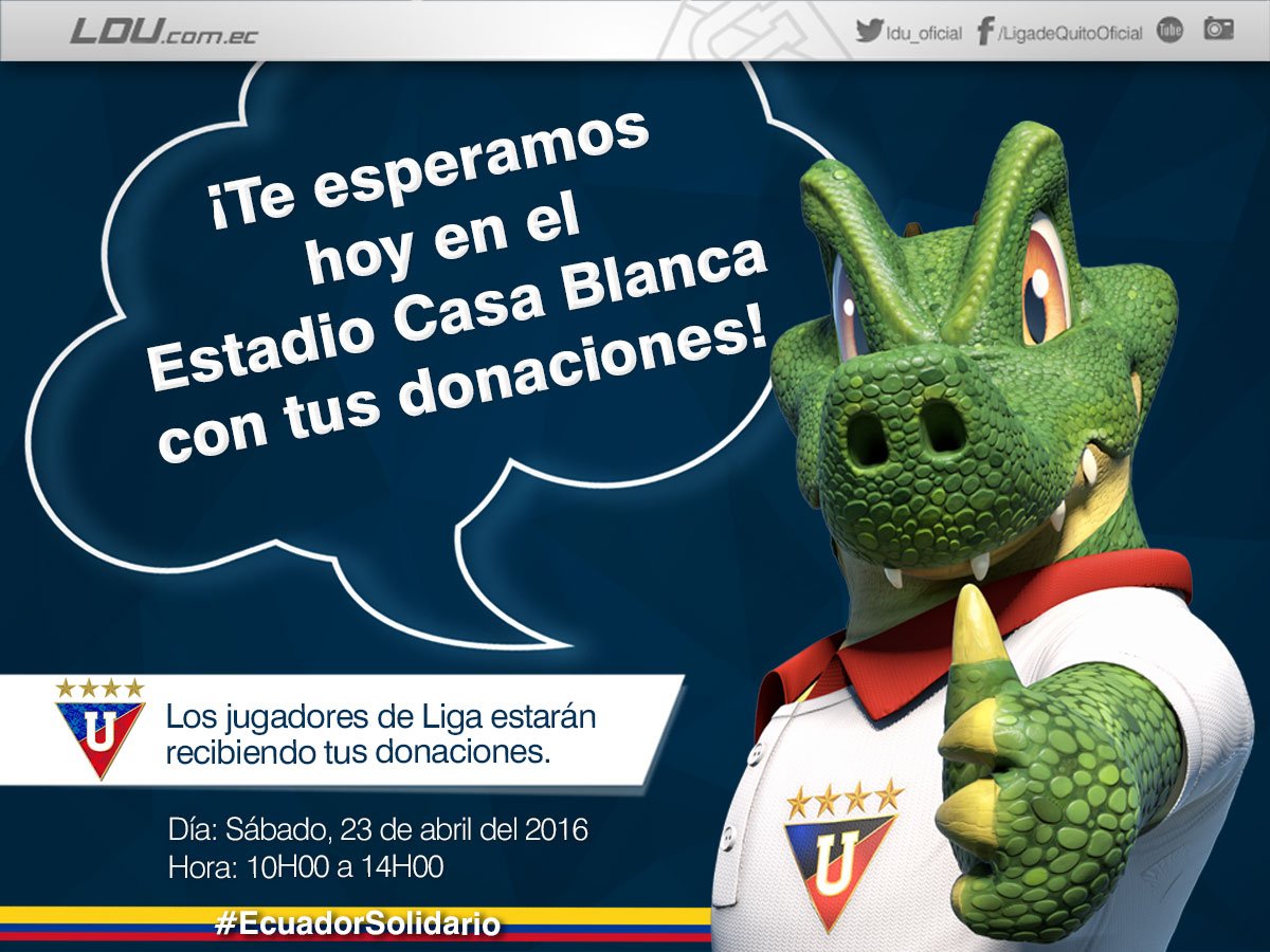 LDU_Oficial's tweet photo. #LDU y Cocodrigo te esperan hoy a partir de las 10h00 en Casa Blanca. ¡Vamos a donar! #EcuadorSolidario https://t.co/014LTMy6DQ