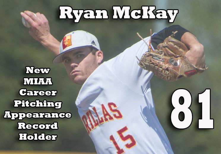 PittStGorillas's tweet photo. BSB: Congrats to Pitt State senior pitcher Ryan McKay – the MIAA's new career appearance leader (81 appearances). https://t.co/8p8nVjMeYA