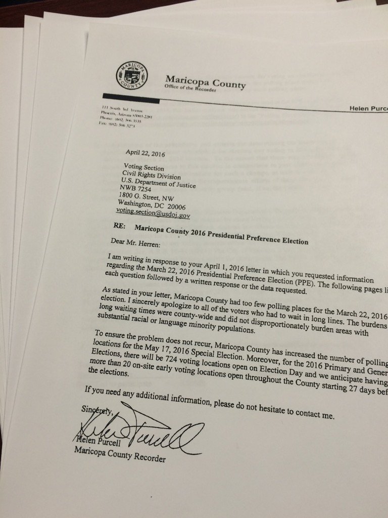 Marceline1's tweet image. Maricopa Recorder office meets USDOJ deadline for requested materials regarding 3/22 election query. #TelemundoAZ
