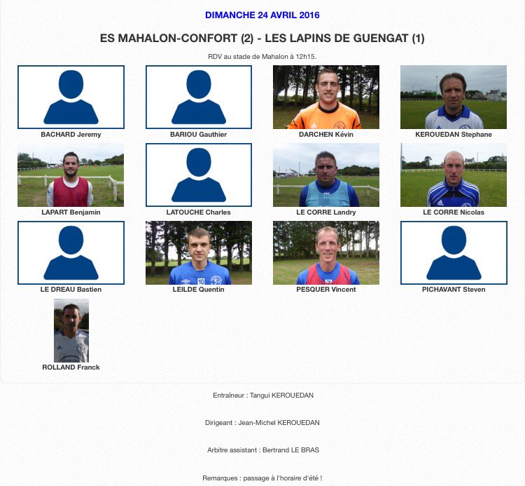 ESMAHALONCONF's tweet photo. Convocations de l'équipe B du week-end. Réception de Guengat à 13h30 à Mahalon. 14ème à désigner. https://t.co/iTJsWOjkbU