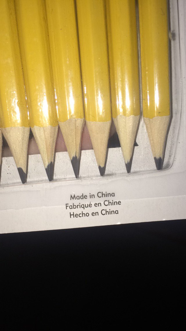Raychle1Bernoth's tweet photo. Simple things such as pencils are always made in China since it's cheaper than being made in U.S #socy16 https://t.co/3A751YIW7o