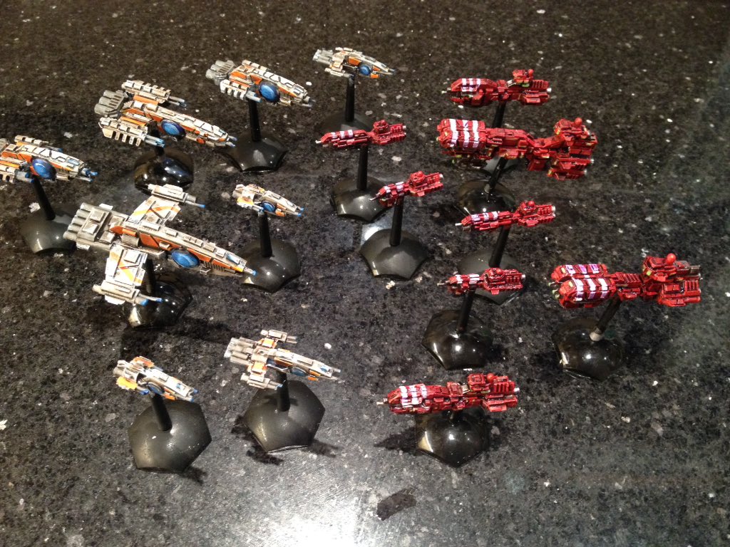 Cthulhubruce's tweet photo. My effort on #mechworld #fullthrust #Groundzerogames starter set fleet.A joy to paint I have to say.@WeeGamersNI https://t.co/d3H9xKYffO