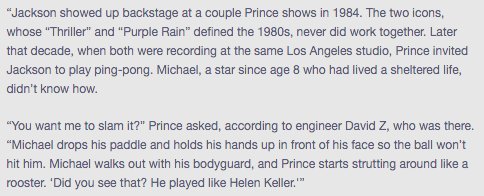 regularbarnett's tweet photo. Prince said Michael Jackson played ping pong like Hellen Keller. I cannot breathe. https://t.co/dQLxGpytd9
