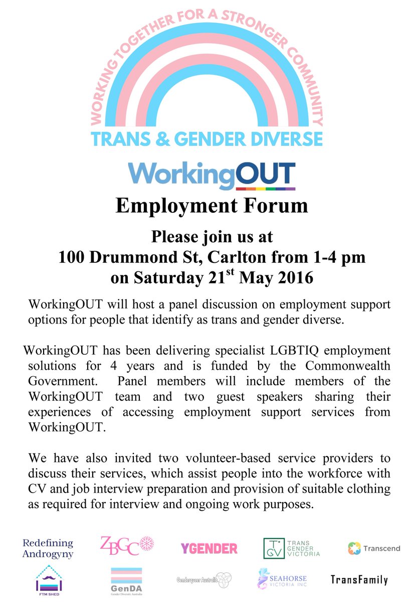 WorkingOUT will host a panel discussion on 21st May on employment support options for trans and gender diverse.