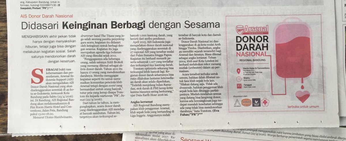 AIS_BDG's tweet photo. Pagi Gooners! Ada liputan #AISDonDarNasional di koran @pikiran_rakyat hari ini. Nuhun kang @TomtomTheTITANS. 🙏 https://t.co/ja0KbB1Hrl