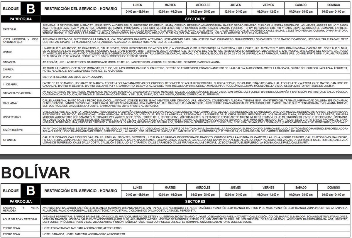 #PasaYComparte la programación de los cortes eléctricos del bloque B, del estado #Bolívar. #CrisisEléctrica.
