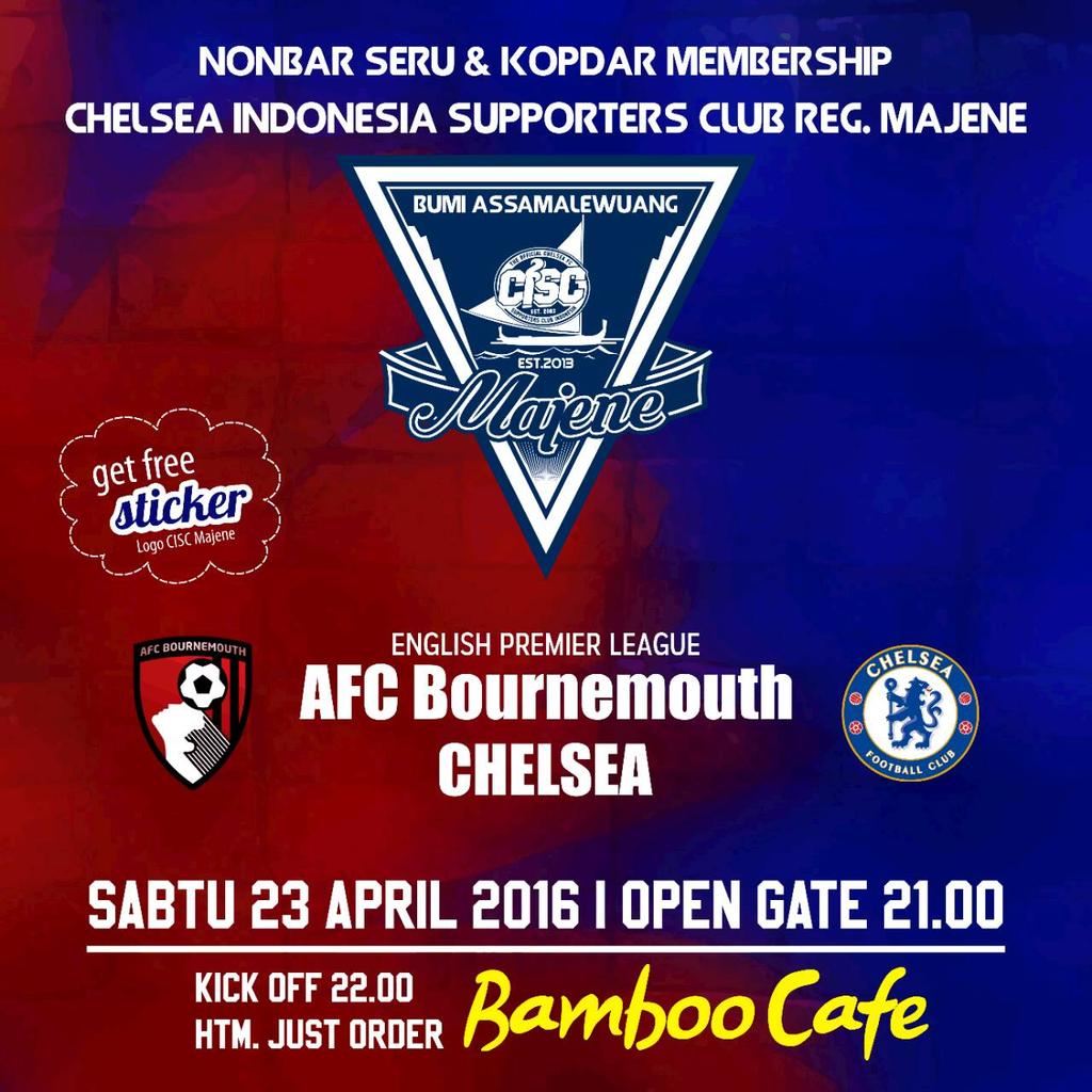 Open Registration &amp; Nonbar seru w/ <a href="/CISCmajene/">CISC MAJENE</a>
Bournemouth vs Chelsea
Sabtu, 23-4-2016
O.G 21.00 wita
at Bamboo Cafe