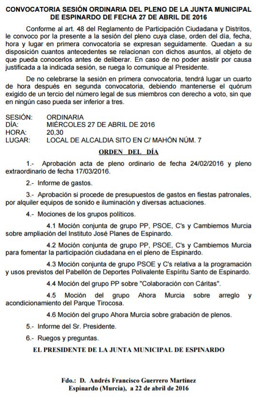 Convocatoria para el pleno del miércoles día 27.