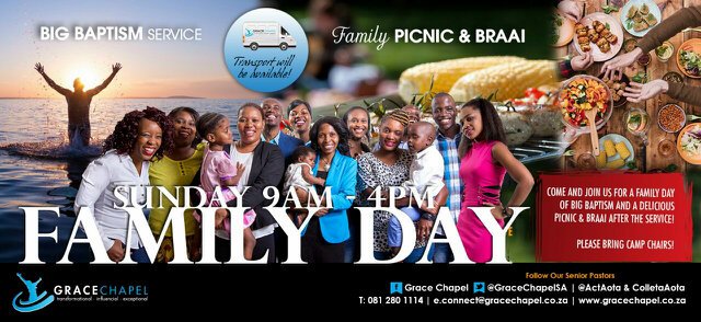 ndlovubeny's tweet photo. Baptism Sunday followed by a Family Braai is here. You can stop by Grace Chapel tomorrow. See you there. https://t.co/hxYKNGfbE2