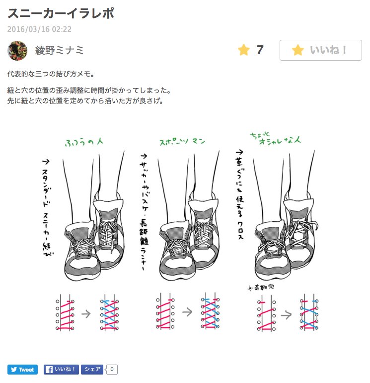 お絵かき講座パルミー 学生応援キャンペーン開催中 靴の描き方講座 のイラレポ特集 第3弾 綾野ミナミさんは スニーカー の紐の通し方を人物ごとに分けて図解してくださいました W T Co Zr3rw769bv T Co 4sdulxjoxz