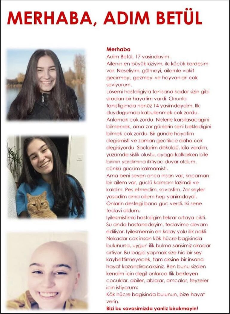 Şuanda BU TWEETİ Gördüyseniz 

Betül Kardeşimize İlik Arıyoruz