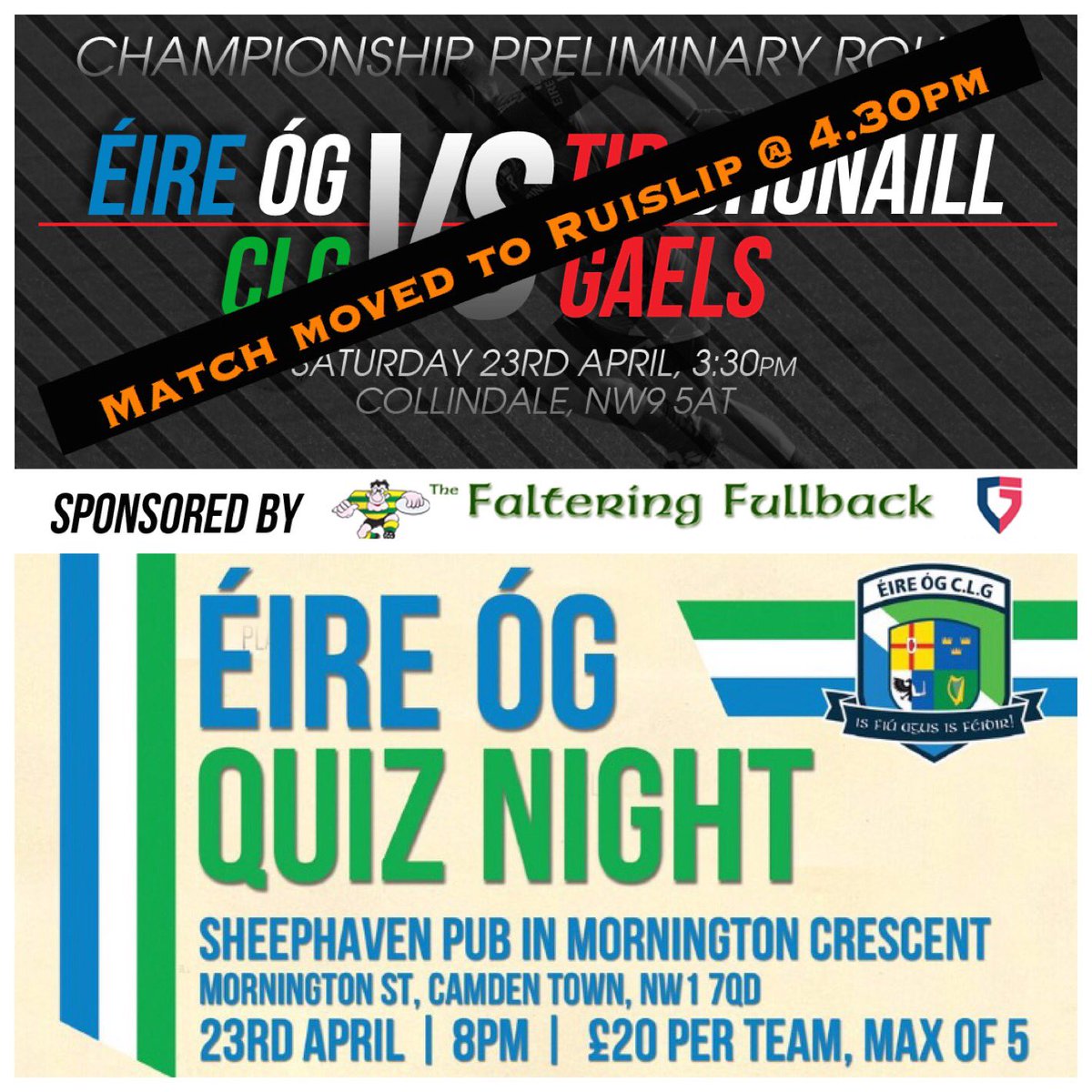 EireOgLDN's tweet photo. All support welcome. Thanks to our sponsors @Greenwayslawllp #TheFalteringFullback https://t.co/FwcGR9QWed