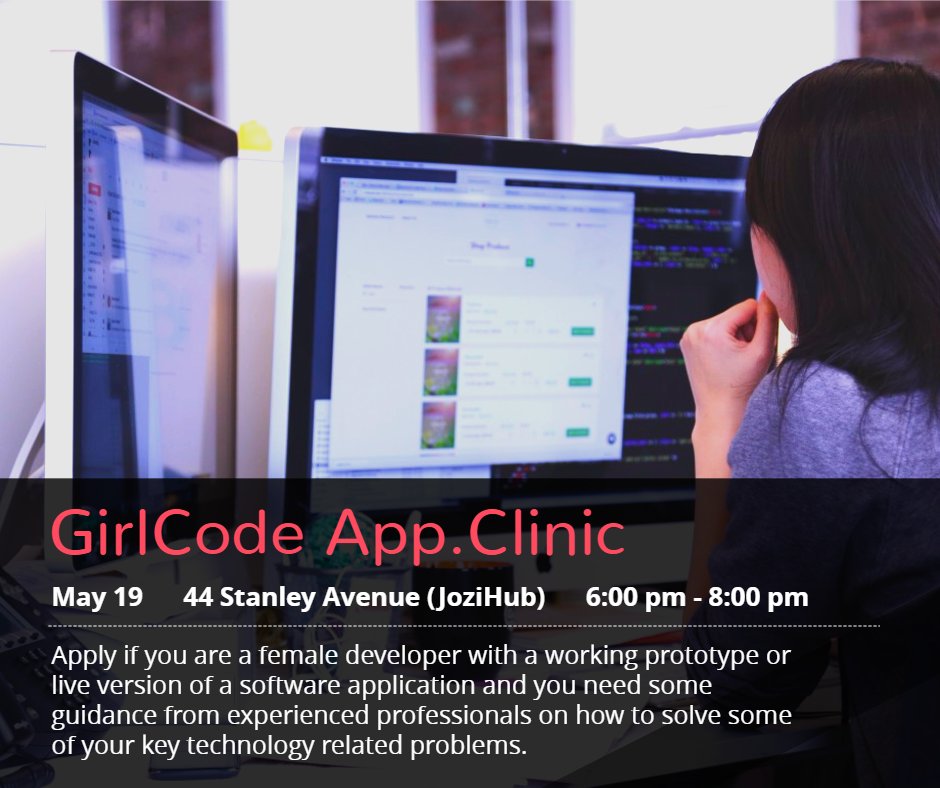 GirlCode_za's tweet photo. NEED HELP WITH YOUR CODE? RSVP FOR  #Jozihub #GirlCodeAppClinic : https://t.co/tlWJBnLoGC https://t.co/qUBBSfEDSy