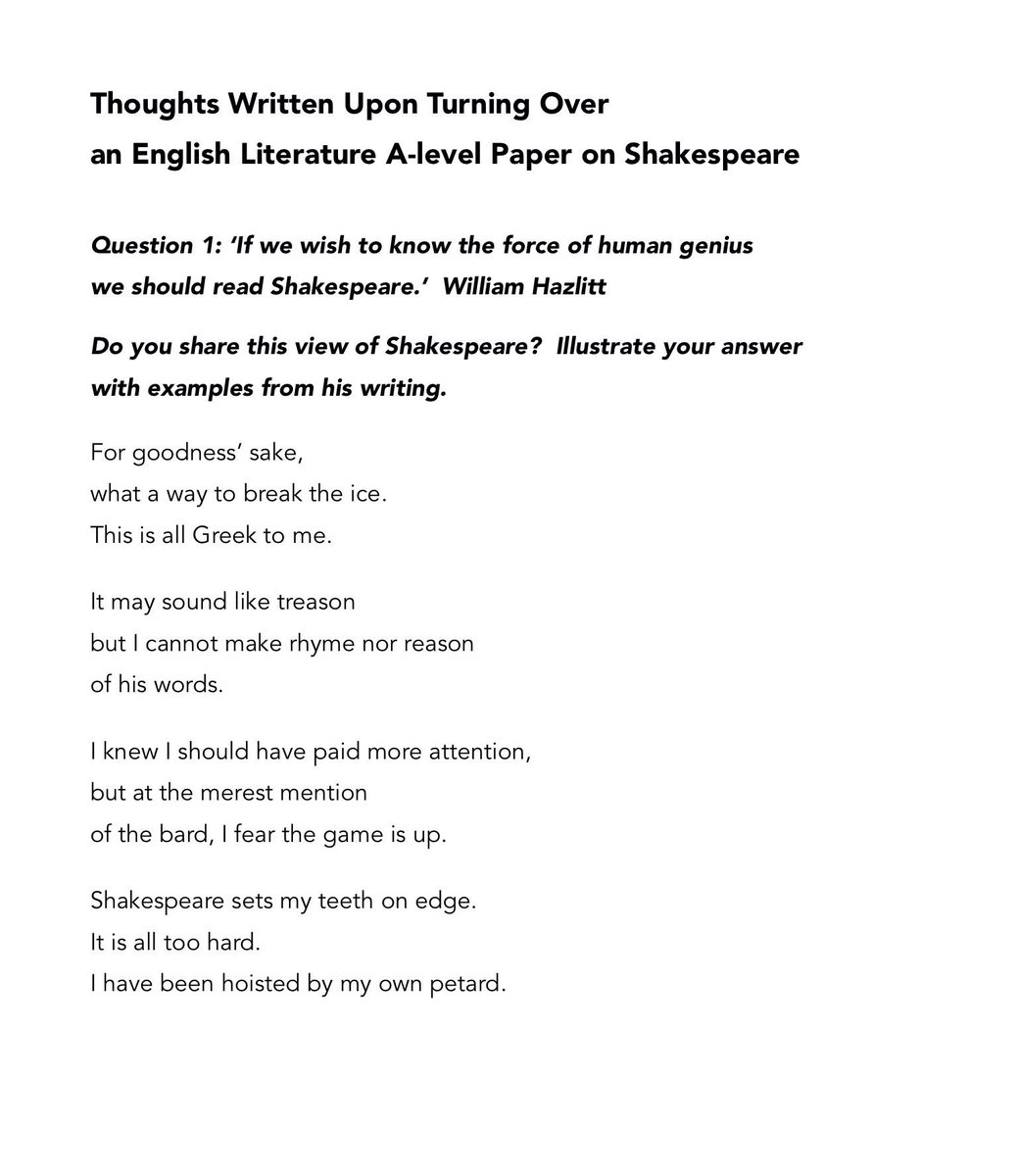 Brian Bilston On Twitter Here Is A Poem To Celebrate Shakespeare400 It S About Doing An Exam And Forgetting All Your Shakespeare Quotes