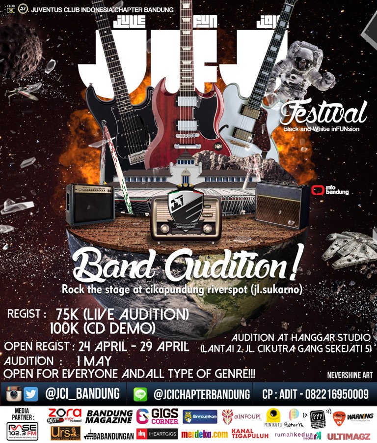 ademaolana's tweet photo. JCICB Band Audition! Terbuka untuk umum dan smw genre musik!  Are u ready to rock JFJ?!” @JCI_Bandung @infobandung https://t.co/Teei9xD9Vk