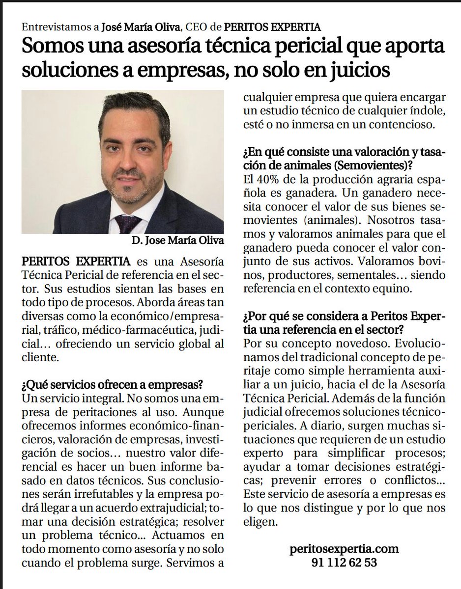 expertiaperito's tweet photo. Nos publican esta interesante entrevista a nuestro CEO José M. Oliva en ABC. Si te pasas por el kiosco la verás https://t.co/RCdITOwb00