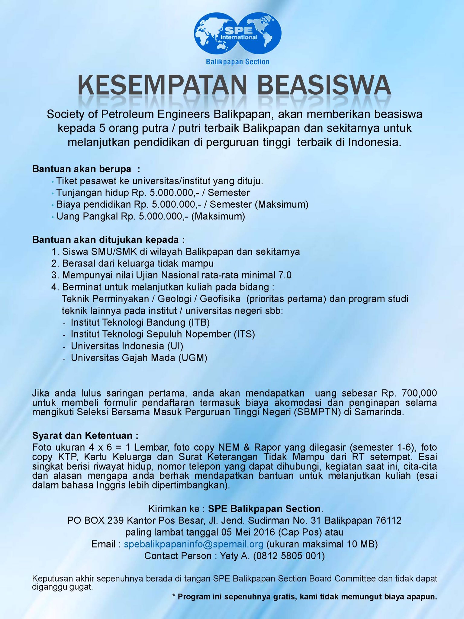 SPE Balikpapan on Twitter "SPE Balikpapan akan memberikan kesempatan beasiswa kpd putra putri Balikpapan untuk melanjutkan studi ke PTN Favorit… " SPE Balikpapan on Twitter "SPE Balikpapan akan memberikan kesempatan beasiswa kpd putra putri Balikpapan untuk melanjutkan studi ke PTN Favorit… "