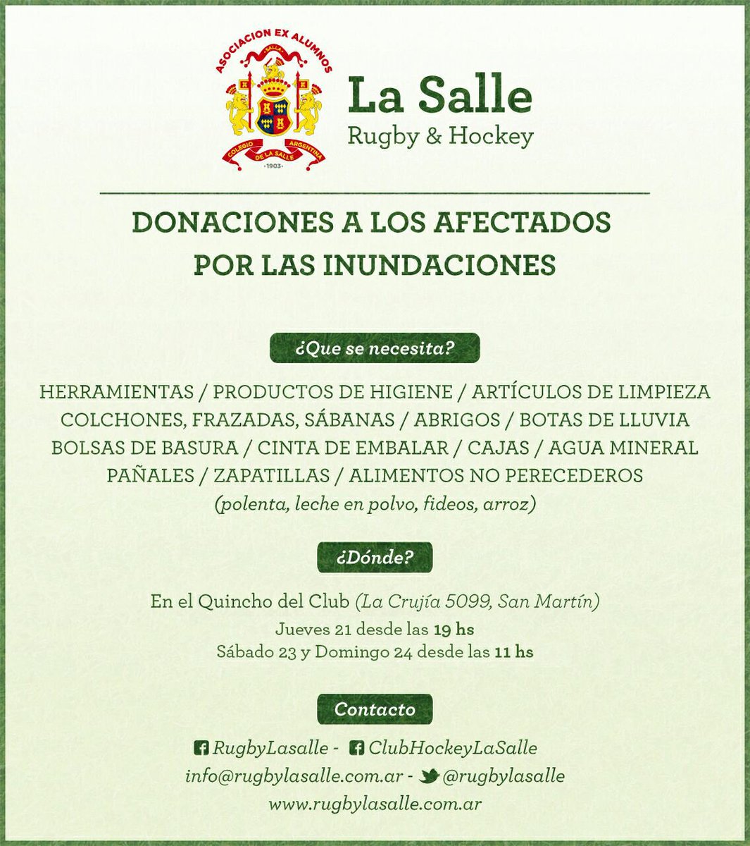 No se olviden de los que nos necesitan! <a href="/RetiroRugby/">Retiro Rugby</a> <a href="/ZarateRugbyOK/">Arsenal Zarate Rugby</a> <a href="/RugbyInclusivo1/">Rugby Inclusivo</a> @BHNrugby