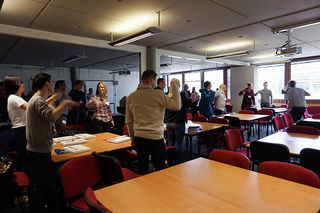 SCOR2016's tweet photo. SCORers learning  with Piero to warm-up their bodies before giving talks https://t.co/dbfUSRlVdu