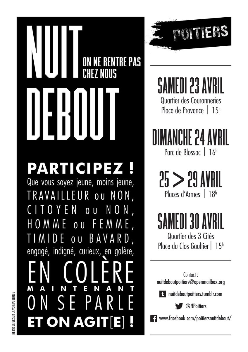 NPoitiers's tweet photo. Programme de la #NuitDeboutPoitiers de la semaine #NuitDebout https://t.co/L668c8EDpH