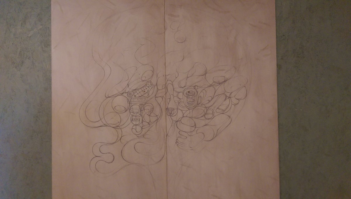 First days drawing on 'tech head' a new wall piece <a href="/SpitAndSawdust/">Spit And Sawdust</a>