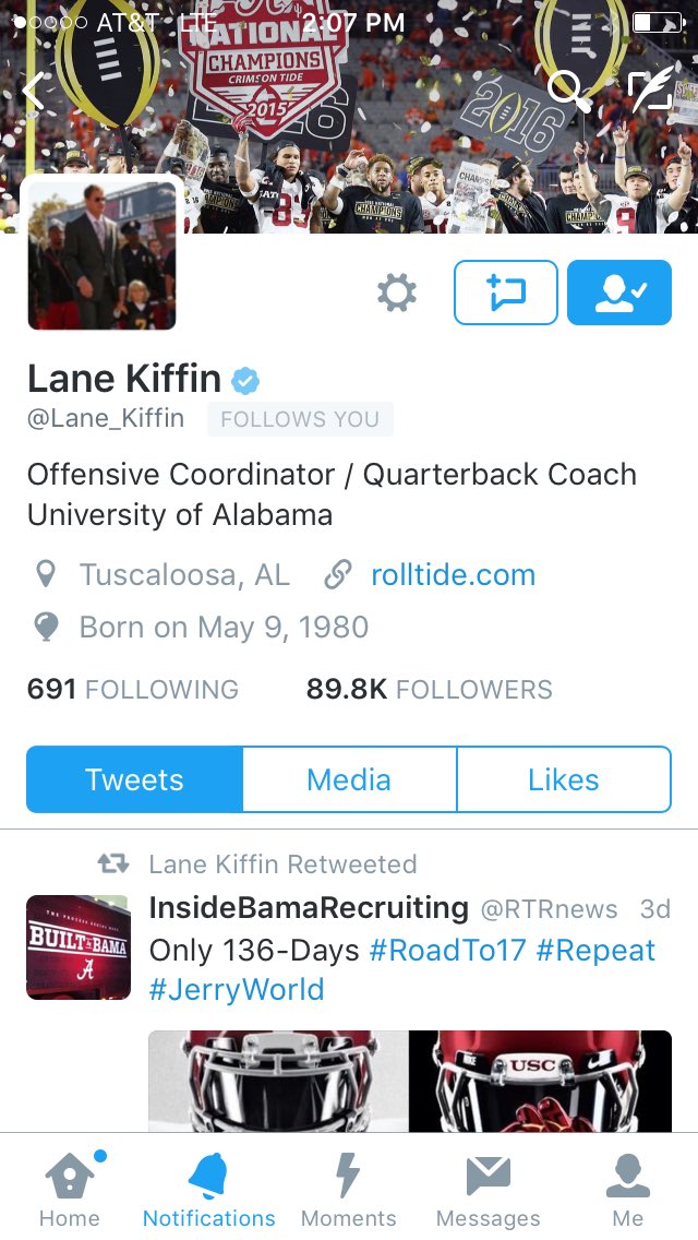 Appreciate the follow Coach <a href="/Lane_Kiffin/">Lane Kiffin</a>! 🅰🐘😎