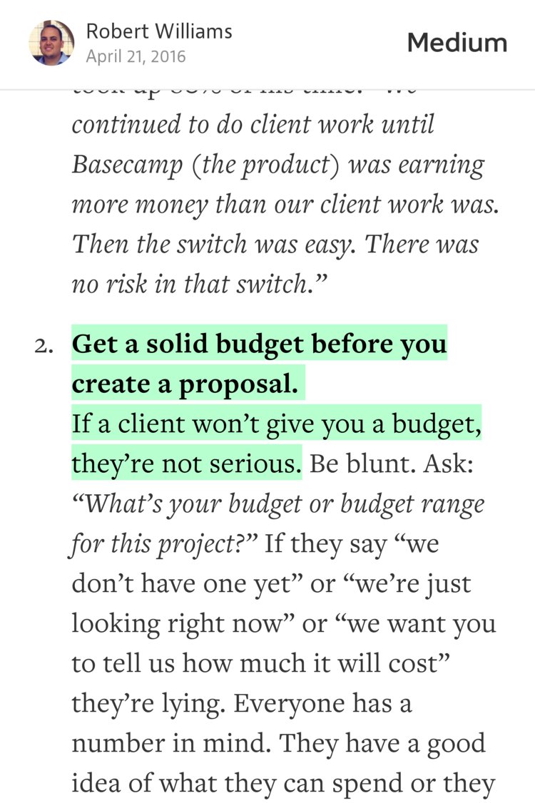 wntart's tweet image. “Get a solid budget before you create a proposal. If a client won’t give…” — Robert Williams medium.com/@letsworkshop/…