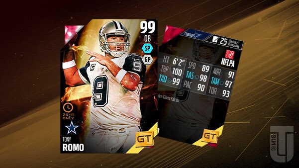 Golden Ticket <a href="/tonyromo/">Tony Romo</a> is now available in <a href="/EASPORTS_MUT/">Madden Ultimate Team</a> for a LIMITED TIME! #MUTWeekend #GT