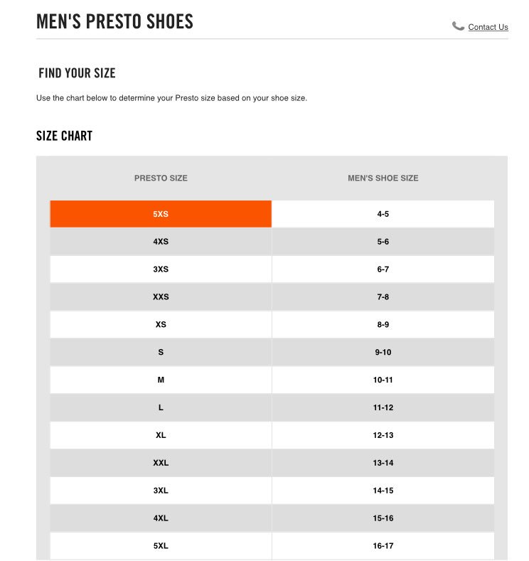 size chart for nike presto