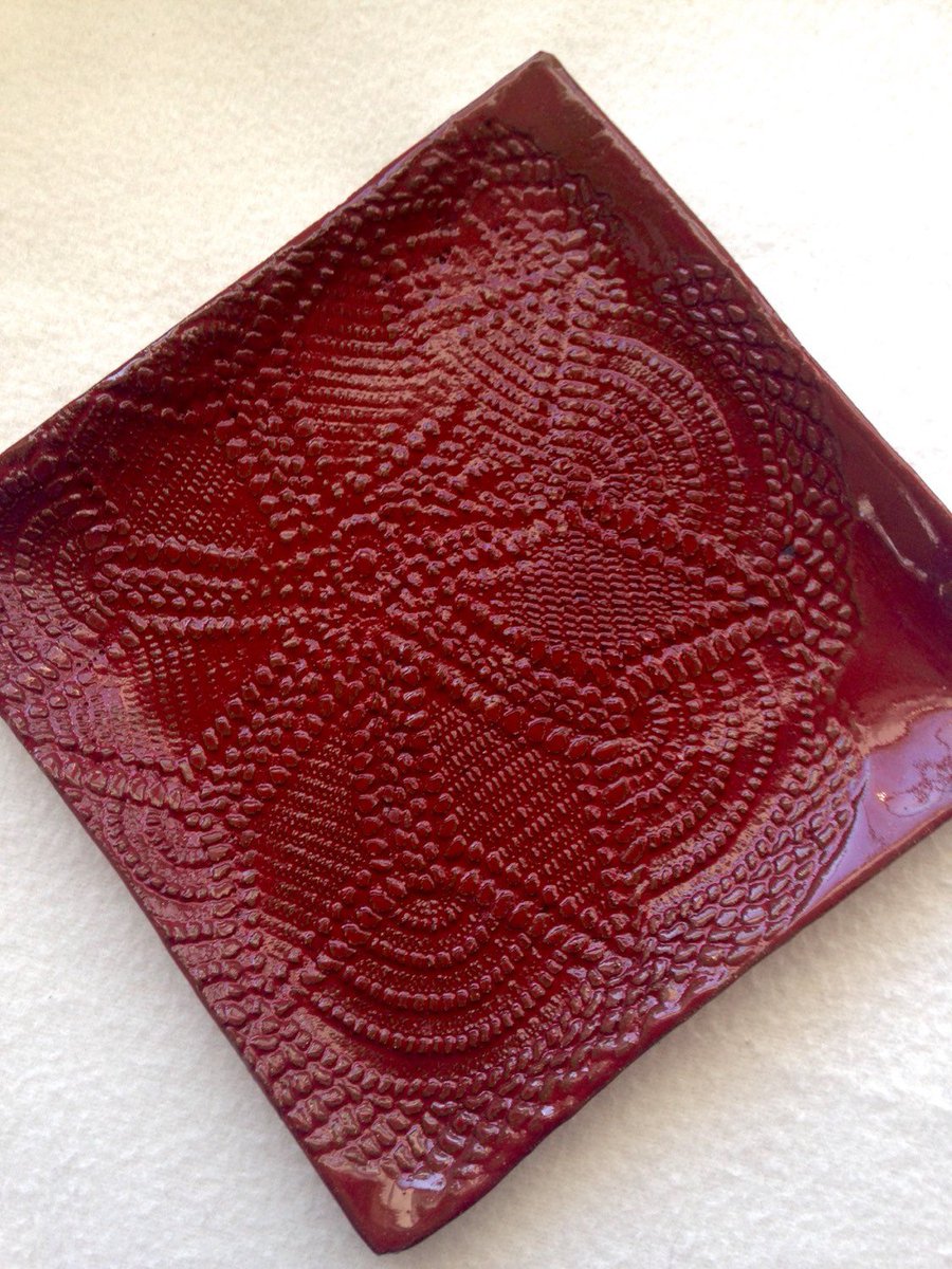 Handmade square lace textured red plate etsy.me/1wU9YzR #etsymntt #RedPottery