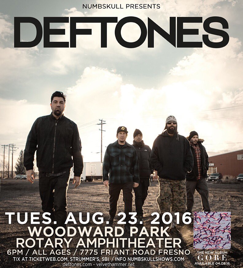 NumbskullShows's tweet photo. .@deftones 8/23 Woodwark Park Amp Fresno onsale now @TicketWeb @StrummersFresno &amp; SBI https://t.co/1Rupt2yYp2