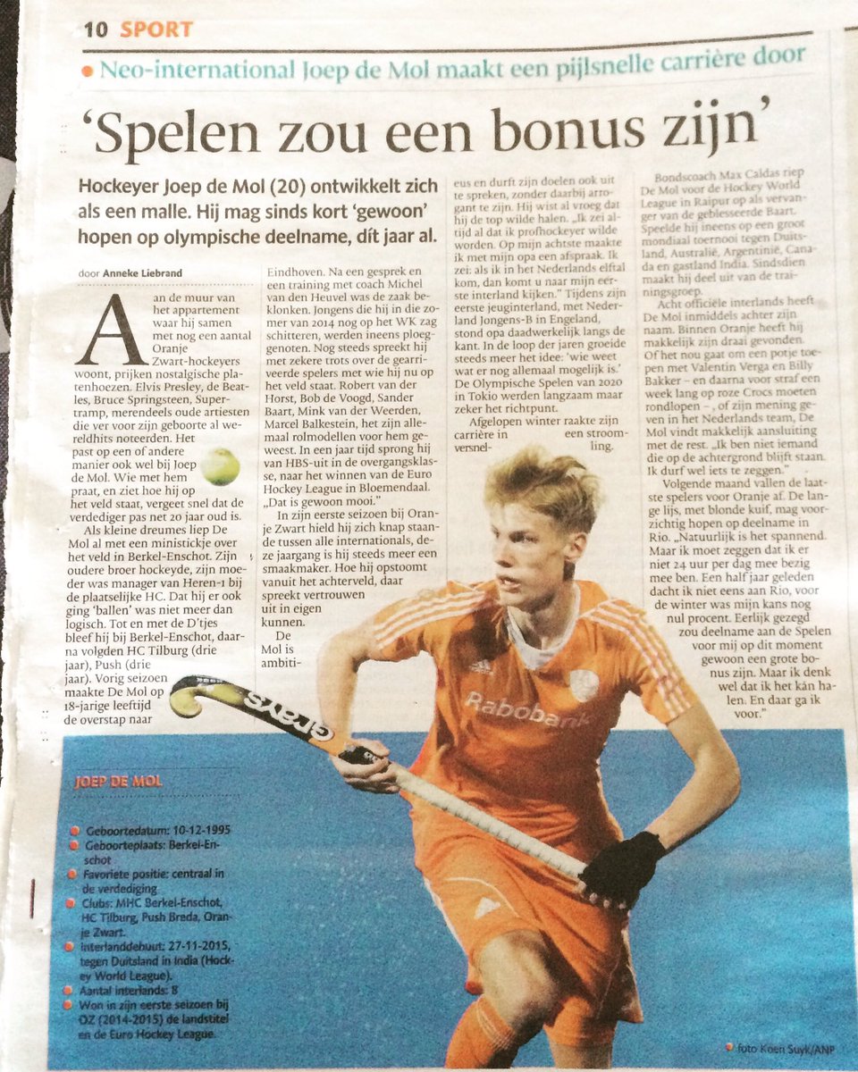 GRIPPsports's tweet photo. Mooi artikel in @ED_hockey van @AnnekeLiebrand over @joepdemol10 https://t.co/1EkXPf8RcG