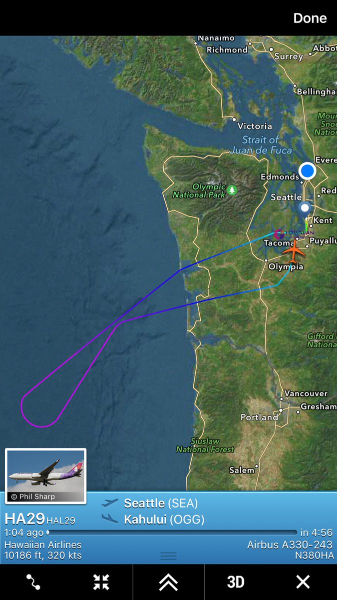 PlanesAtPaine's tweet photo. Hawaiian Airlines #HAL29 turned back to SEA today. https://t.co/CbC20quc0a