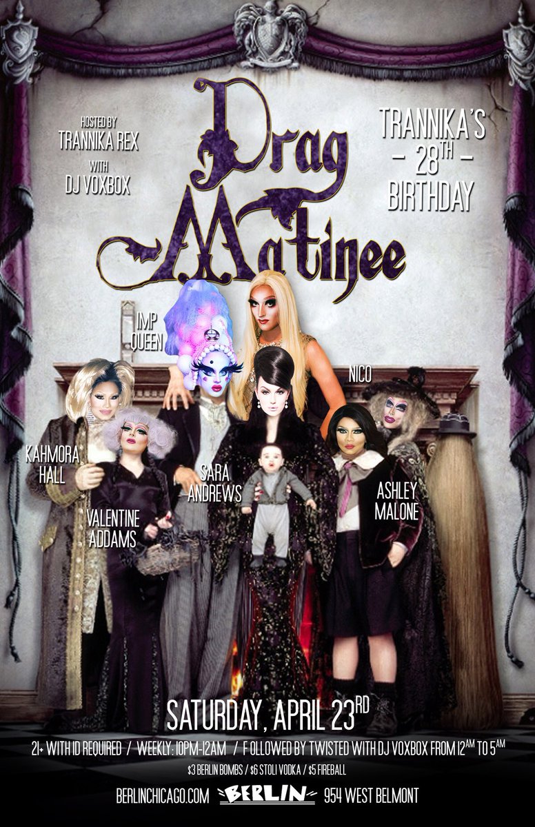 trexinchicago's tweet photo. It's my birthday, the lineup's fucking stacked, & #ImpQueen is launching merch!
C u 10pm-12am at @BerlinNightclub! https://t.co/hxHB4QHgus