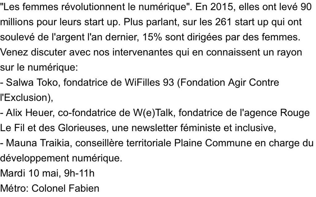 MaunaTraikia's tweet photo. #savethedate 10/5 Melting'dej  #startup au féminin 
"Les #femmes #revolutionnent #numérique" https://t.co/GdbUuGS5cB https://t.co/HstTudK0I8