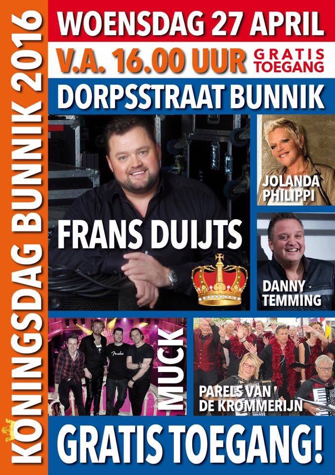 Woensdag KONINGSDAG vanaf 16 uur feest op de Dorpsstraat in Bunnik. Met o.a. #fransduijts