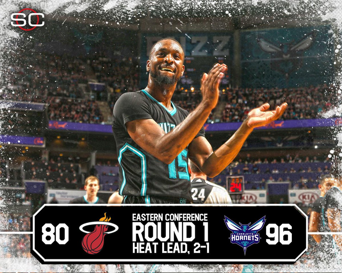 SportsCenter's tweet image. Charlotte is on the board! Hornets win their 1st playoff game since 2002, dominating Heat in Game 3, 96-80.