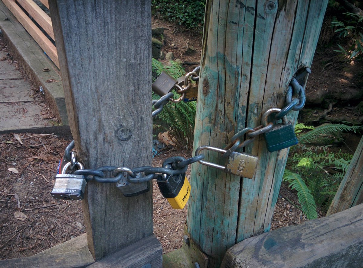 PainPoint's tweet image. This chain of locks allows 10 separate people to open the gate with their own key.