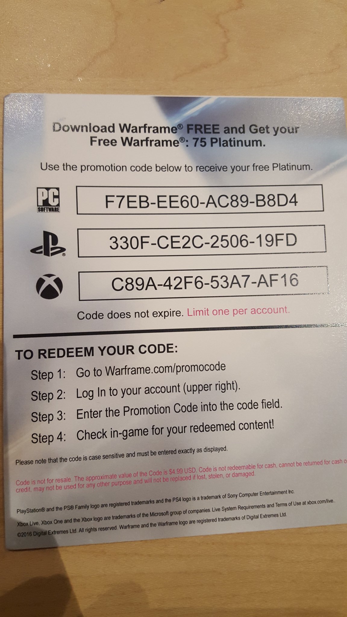 Warframe Rafle 25 codes to win 1,000 Platinum Promo Codes