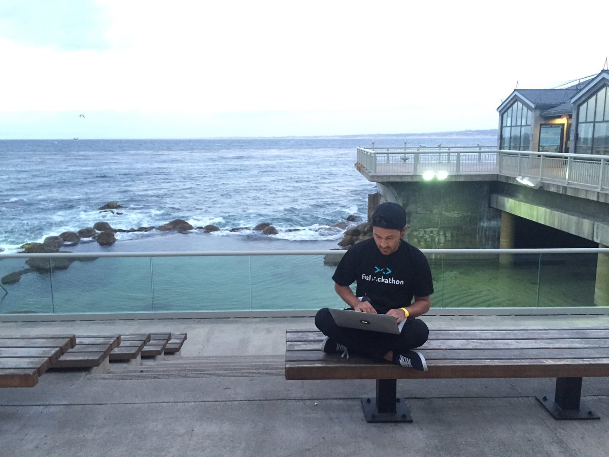 SeafoodWatch's tweet image. 2016 @fishackathon participant Josh getting inspired on the @montereyaq Tide Pool Deck #codeforfish