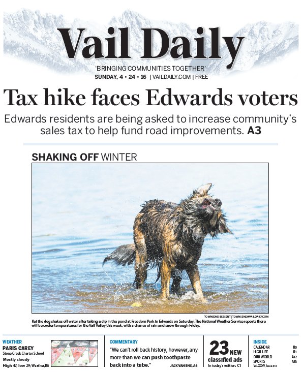 VailDaily's tweet image. Tomorrow's Cover: Edwards residents are being asked to increase community’s
sales tax to help fund road improvements