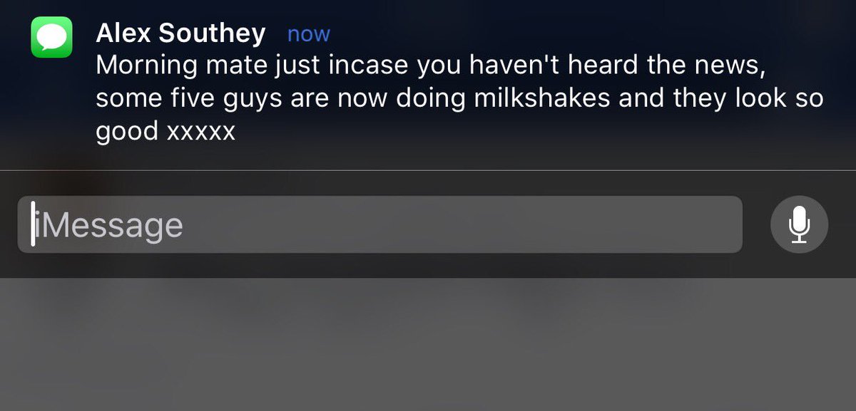 RobSenior1's tweet photo. Love a 7:30am text from @alexsouthey1 informing me of @FiveGuysUK are now serving milkshakes 😂 #fiveguysbond https://t.co/bA4n3gS7hU