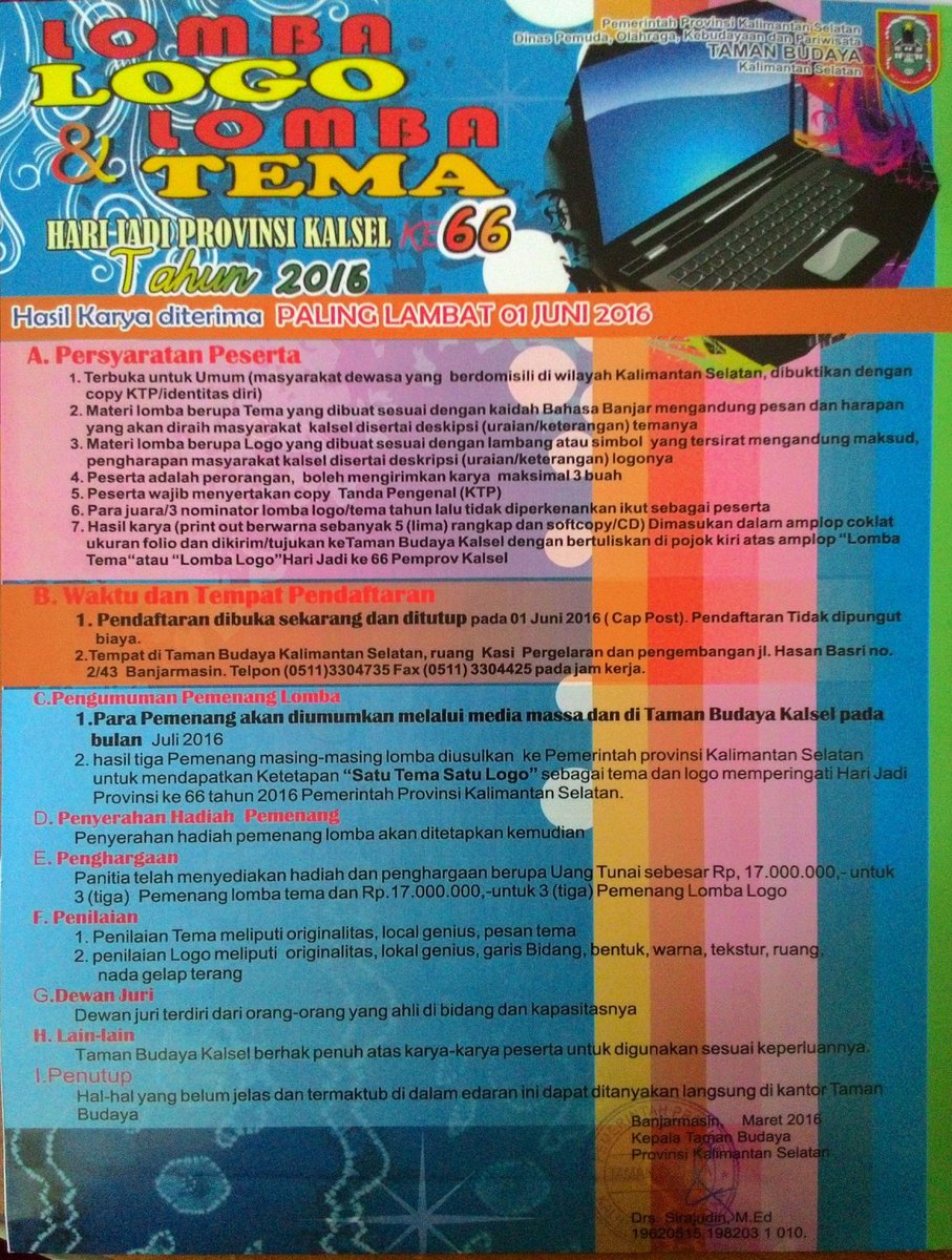 Lomba Logo &amp; Lomba Tema Hari Jadi Provinsi KALSEL Ke 66 Tahun 2016 <a href="/WargaBanua/">📍BANJARMASIN, KALIMANTAN SELATAN</a> <a href="/bjmUpdate/">#BanjarmasinINFO</a> @kabar_banjar <a href="/visitkalsel/">#visitkalsel</a>
